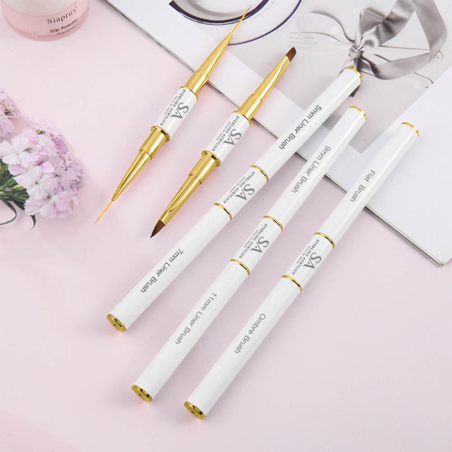 5 PCS Double-Sided Liner Brush and 3D Art Set White & Gold💕